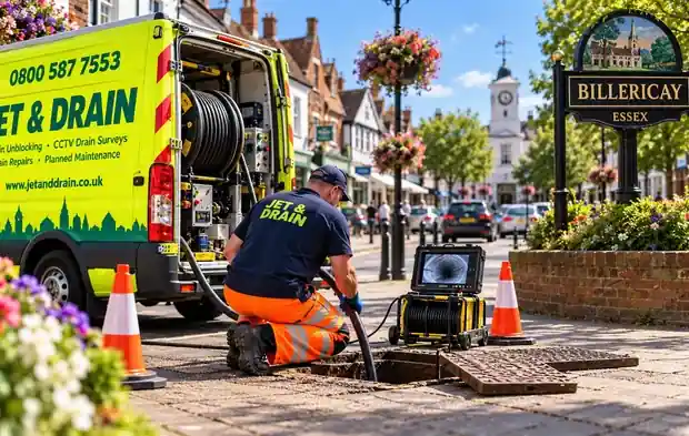 Jet and Drain engineer carrying out CCTV drain inspection and unblocking services in Billericay, Essex (CM11 and CM12), with branded drainage van nearby.