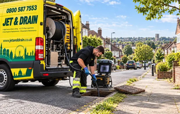 Jet and Drain engineer carrying out drain unblocking and CCTV inspection beside a branded Jet and Drain van in Hornchurch, East London.
