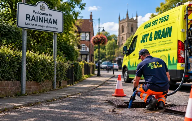 Jet and Drain engineer carrying out professional drain unblocking in Rainham (RM13), East London, beside a fully equipped Jet and Drain van with specialist drainage equipment.