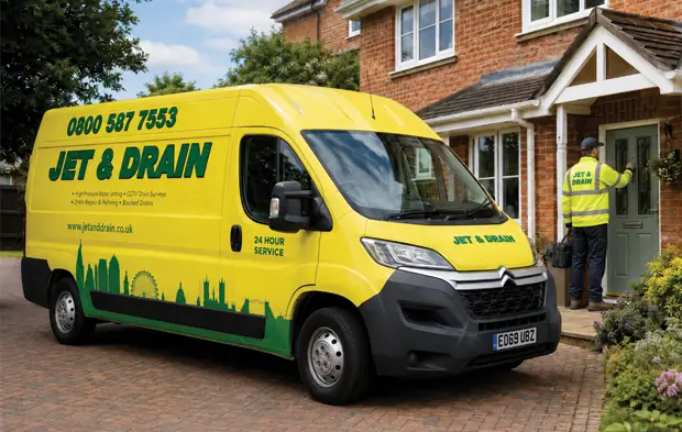Jet & Drain van outside a residential property with a drainage engineer attending a blocked drain callout