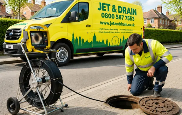 Jet & Drain engineer carrying out CCTV drain inspection with camera equipment outside a property in London